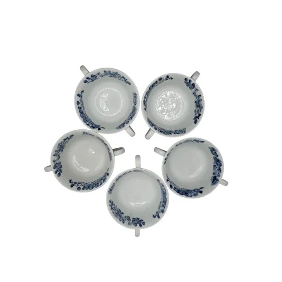 Antique Wedgwood Etruria Double-Handle Soup Cups – Blue Floral Transferware - Picture 3 of 6